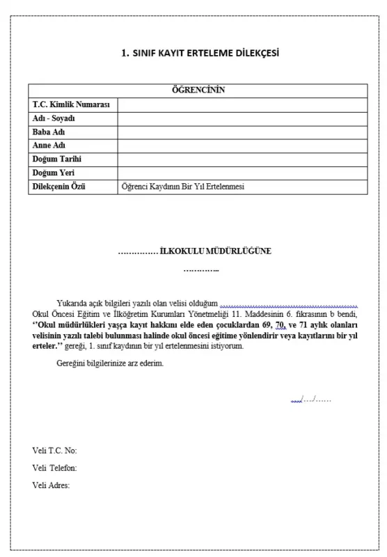 Öğrenci ve veli bilgileri bölümü bulunan 1. sınıf kayıt erteleme dilekçesi
