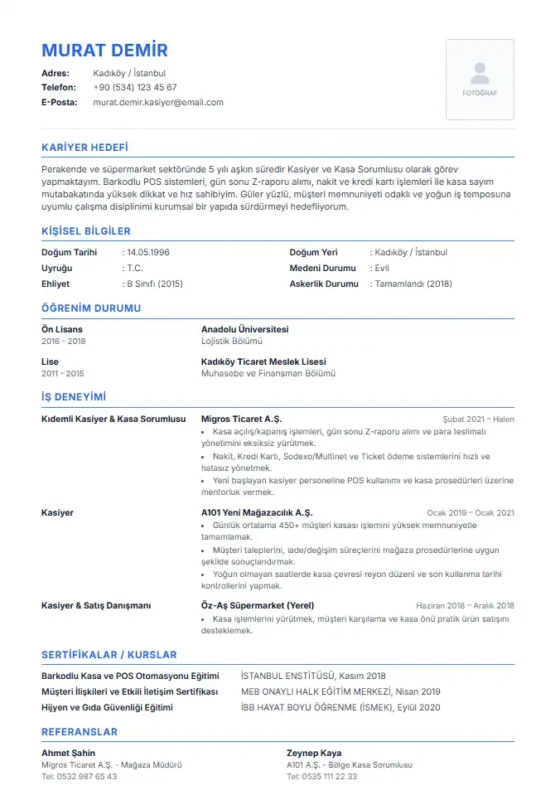 Kasiyer ve kasa sorumlusu için hazırlanmış hazır CV örneği