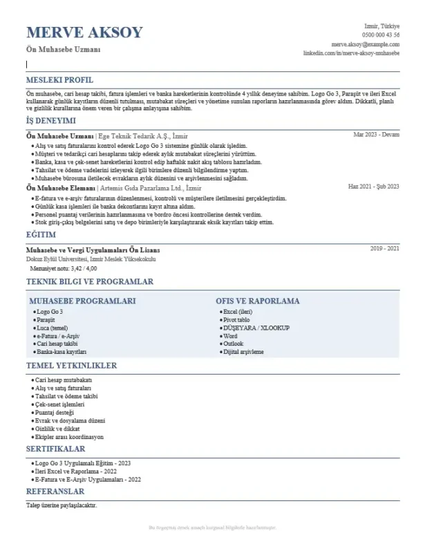 Ön muhasebe uzmanı için hazırlanmış hazır CV örneği