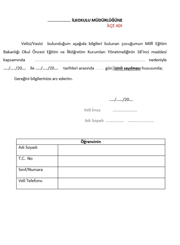 İlköğretim öğrencisi için 15 güne kadar izin talep dilekçesi örneği