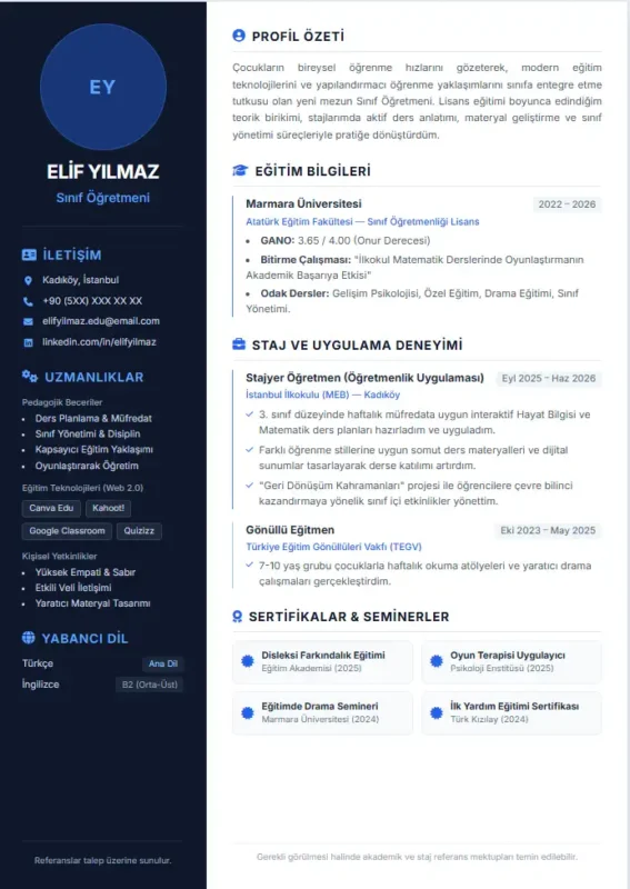 Sınıf öğretmeni için hazırlanmış hazır CV örneği