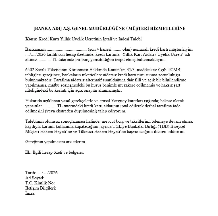 Banka kredi kartları yıllık üyelik ücreti iade dilekçesi