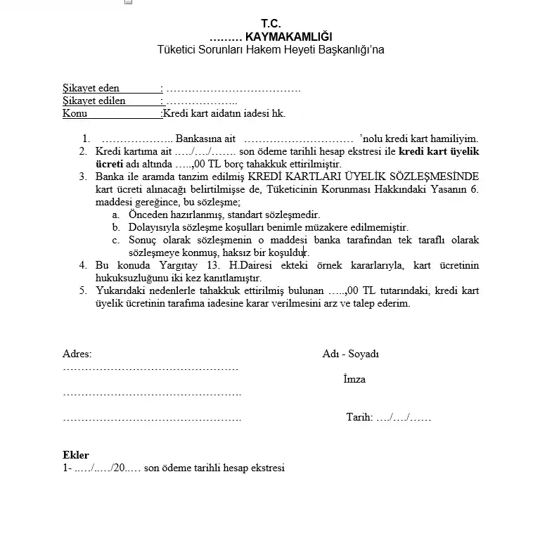 Tüketici Hakem Heyeti kart aidatı itiraz başvuru dilekçesi