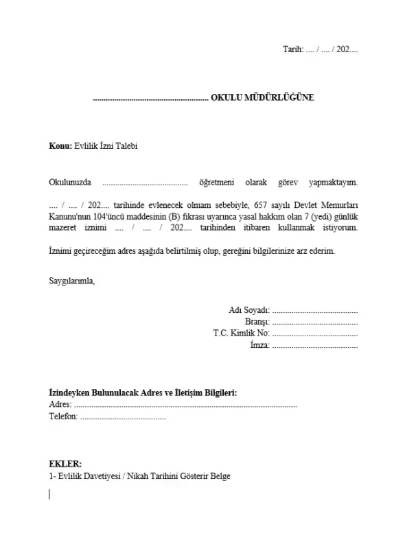 Okul müdürlüğüne verilecek öğretmen evlilik izni dilekçesi örneği