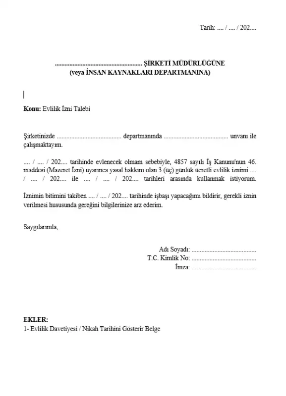 Özel sektör çalışanları için 3 günlük ücretli evlilik izni dilekçesi örneği