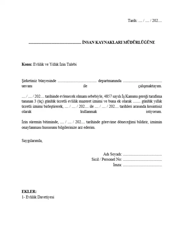Evlilik izni ile yıllık izni birleştirme dilekçesi örneği